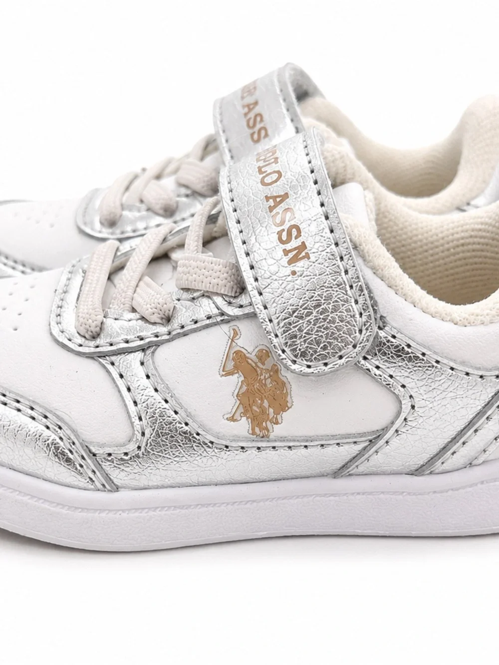 U.S. Polo Assn. Kids White and Silver Velcro Sneakers